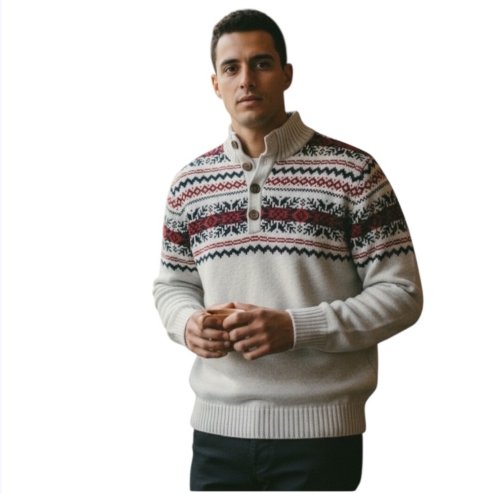 Izod Sweater FairIsle pattern Heathered cream with red and black Holiday Nordic